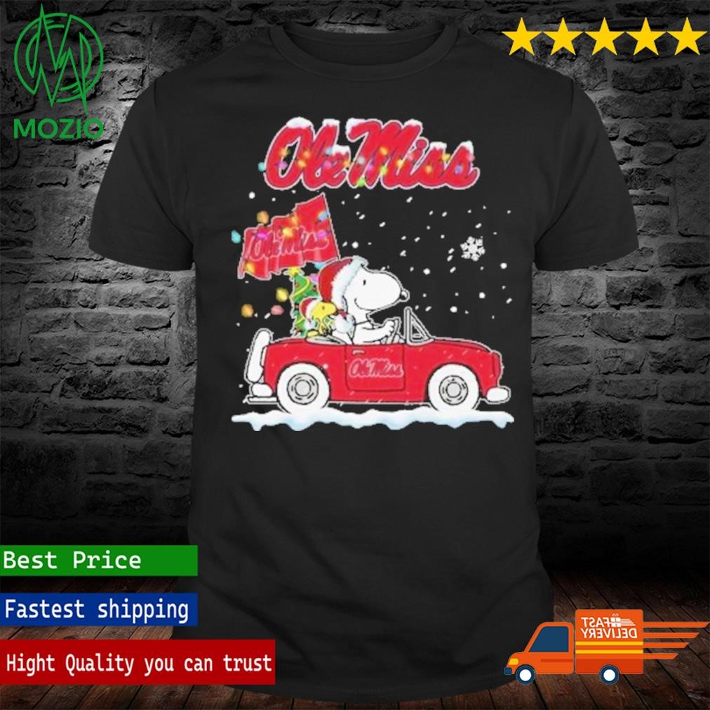 Snoopy and Woodstock driving car Ole Miss Christmas Shirt